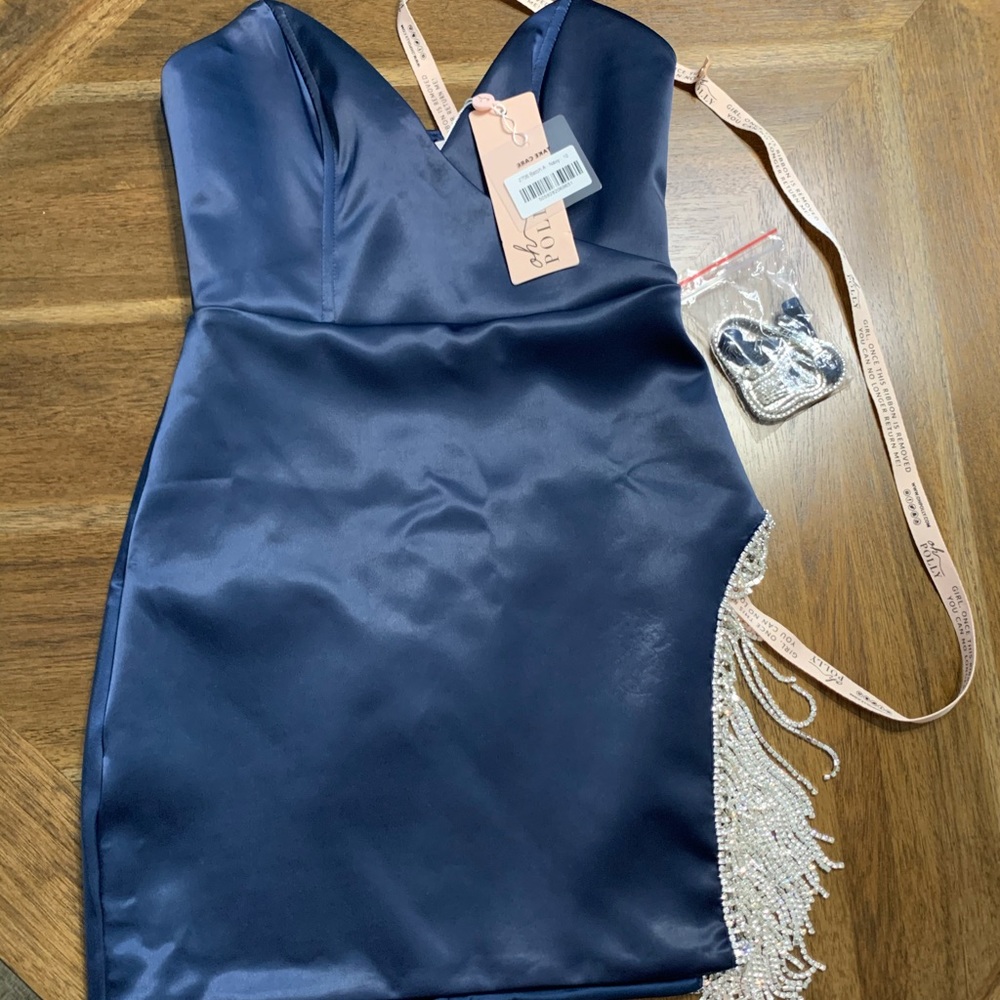 US size 6 navy blue mini embellished satin dress